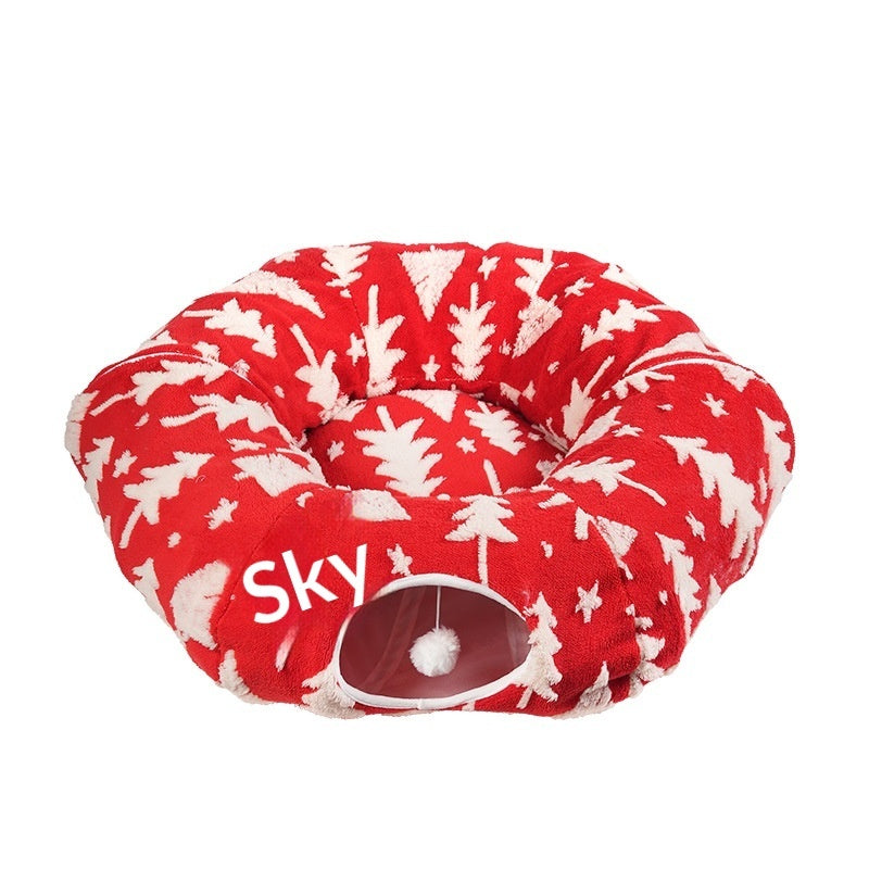 KFX-5591101 Christmas Tree Cat Tunnel Bed - Warm Flannel Pet Nest for Cats 86x26 cm