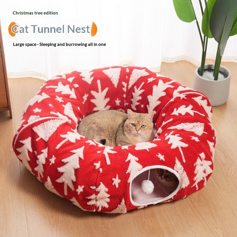 KFX-5591101 Christmas Tree Cat Tunnel Bed - Warm Flannel Pet Nest for Cats 86x26 cm