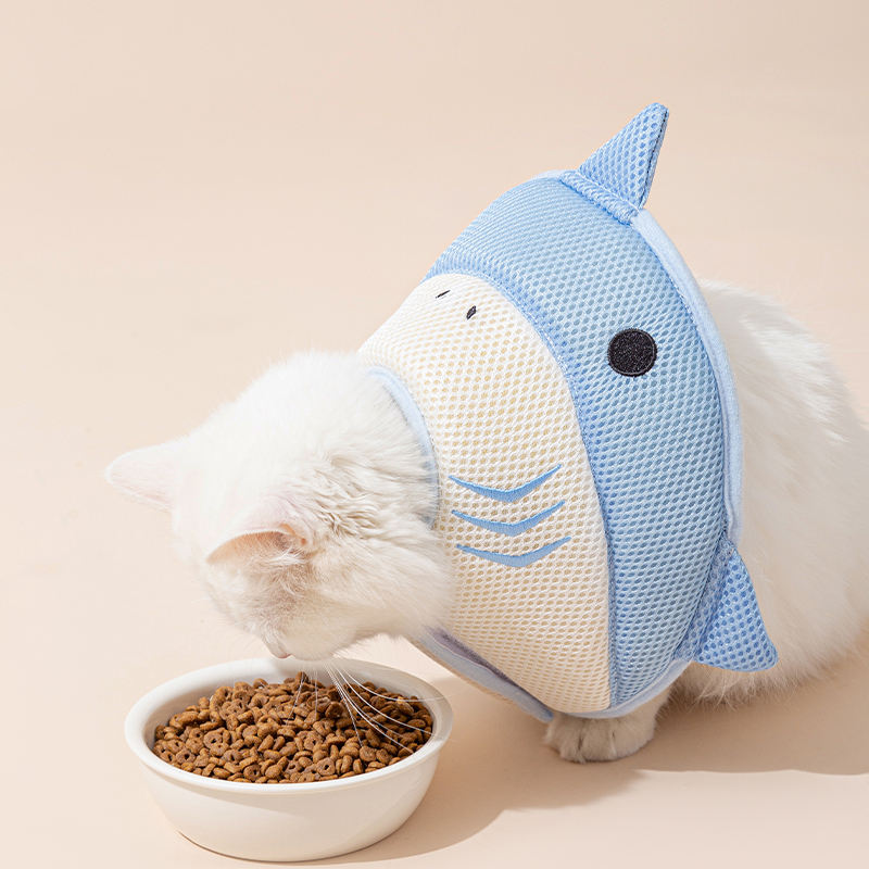 KFX-5596093 Soft Nonwoven Fabric Cat Recovery Collar - Shark Shape, Protective Adjustable Cone for Wound Healing and Comfort