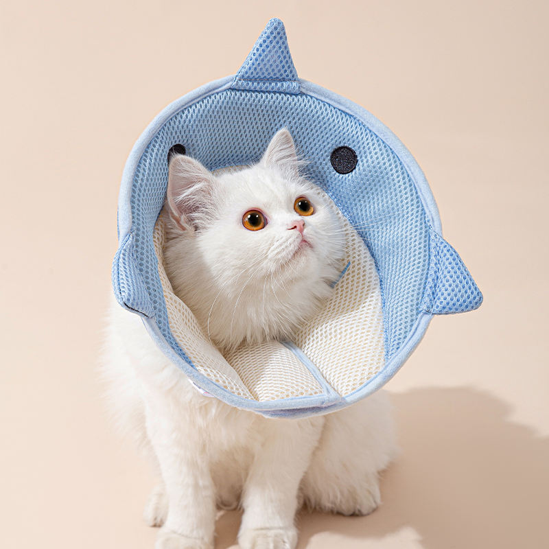 KFX-5596093 Soft Nonwoven Fabric Cat Recovery Collar - Shark Shape, Protective Adjustable Cone for Wound Healing and Comfort