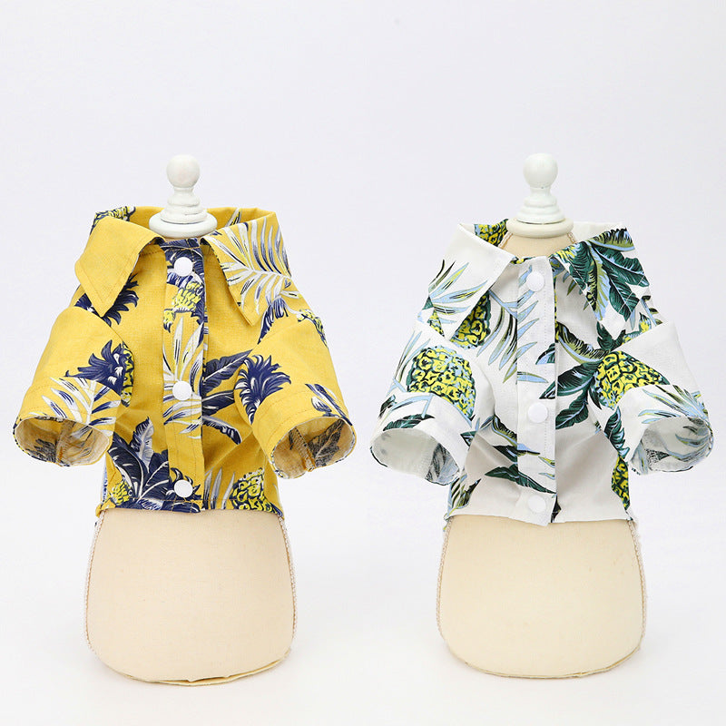 KFX-5596989 Summer Pet Shirt - Lightweight Cotton in Hawaiian Coconut Print, Available in Yellow and White, Sizes S to XXL