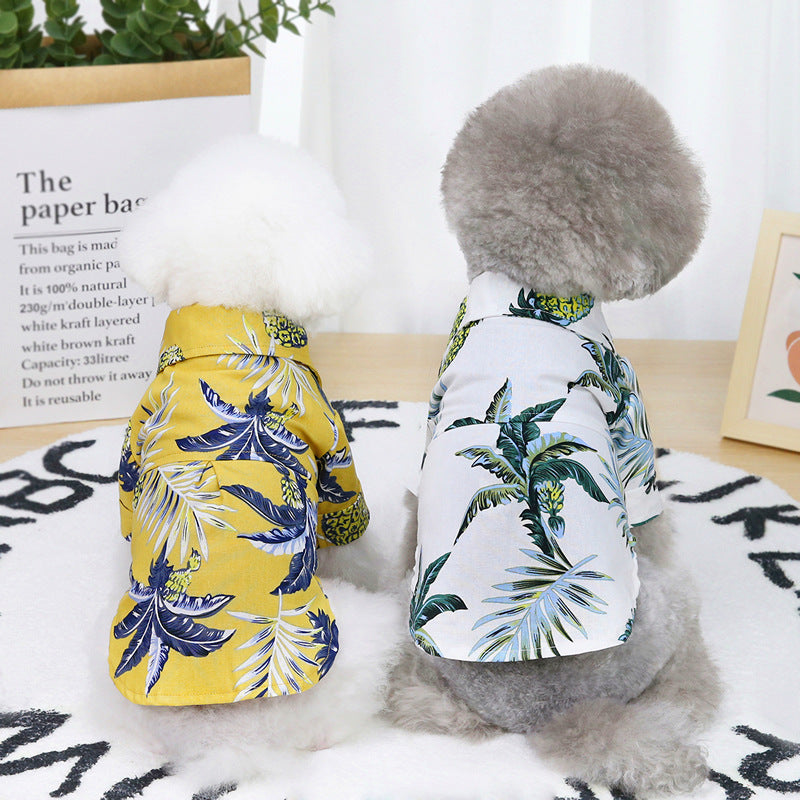 KFX-5596989 Summer Pet Shirt - Lightweight Cotton in Hawaiian Coconut Print, Available in Yellow and White, Sizes S to XXL