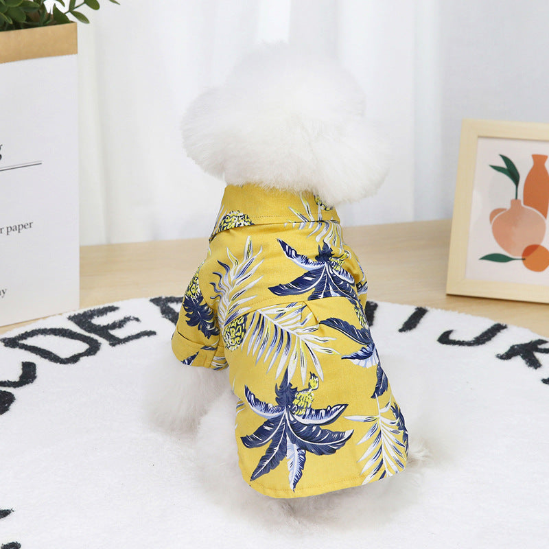 KFX-5596989 Summer Pet Shirt - Lightweight Cotton in Hawaiian Coconut Print, Available in Yellow and White, Sizes S to XXL