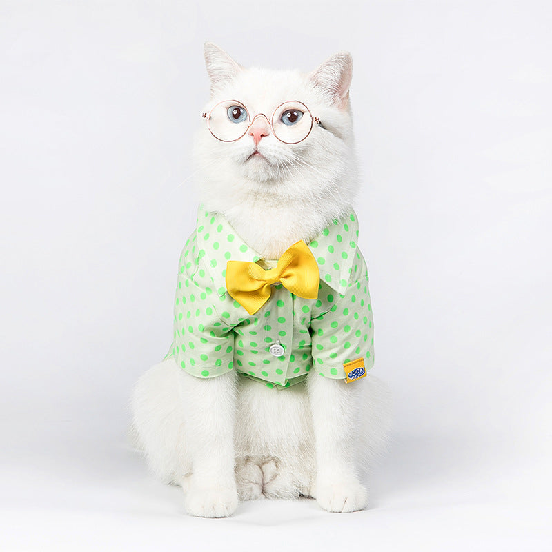 KFX-5599165 Green Polka Dot Cotton Shirt for Small to Medium Cats with Button Closure