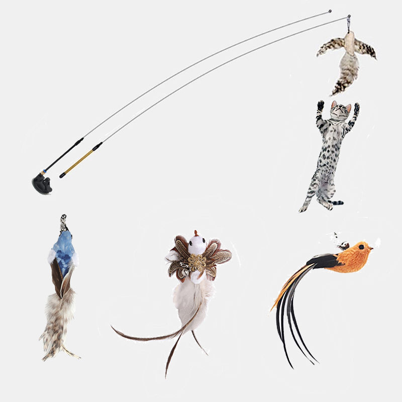 KFX-5603389 Multi-Head Cat Teaser Stick with Replacement Toys and Suction Cup Options