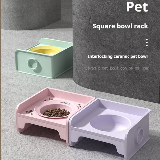 KFX-5604541 Ceramic UFO Cat Bowl with Square Height-Adjustable Rack in Multiple Colors