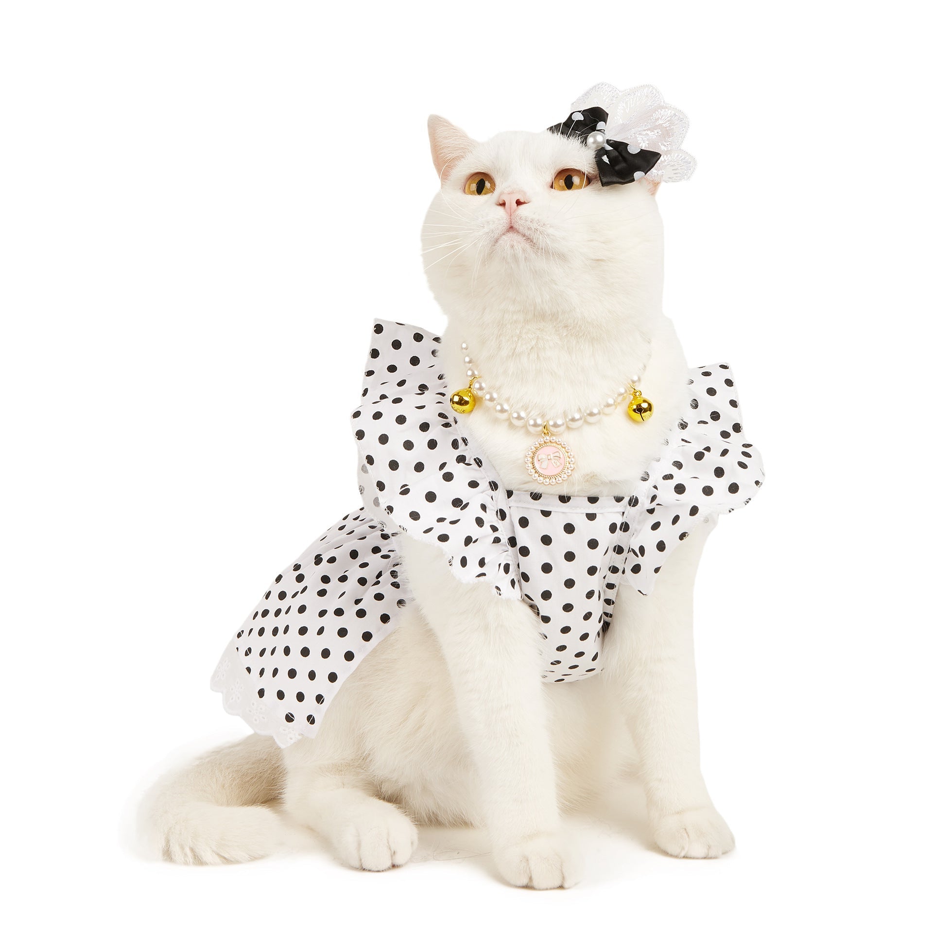 KFX-5605949 Polka Dot Dress for Dogs with Matching Headband - Cute Cotton Skirt for Pets