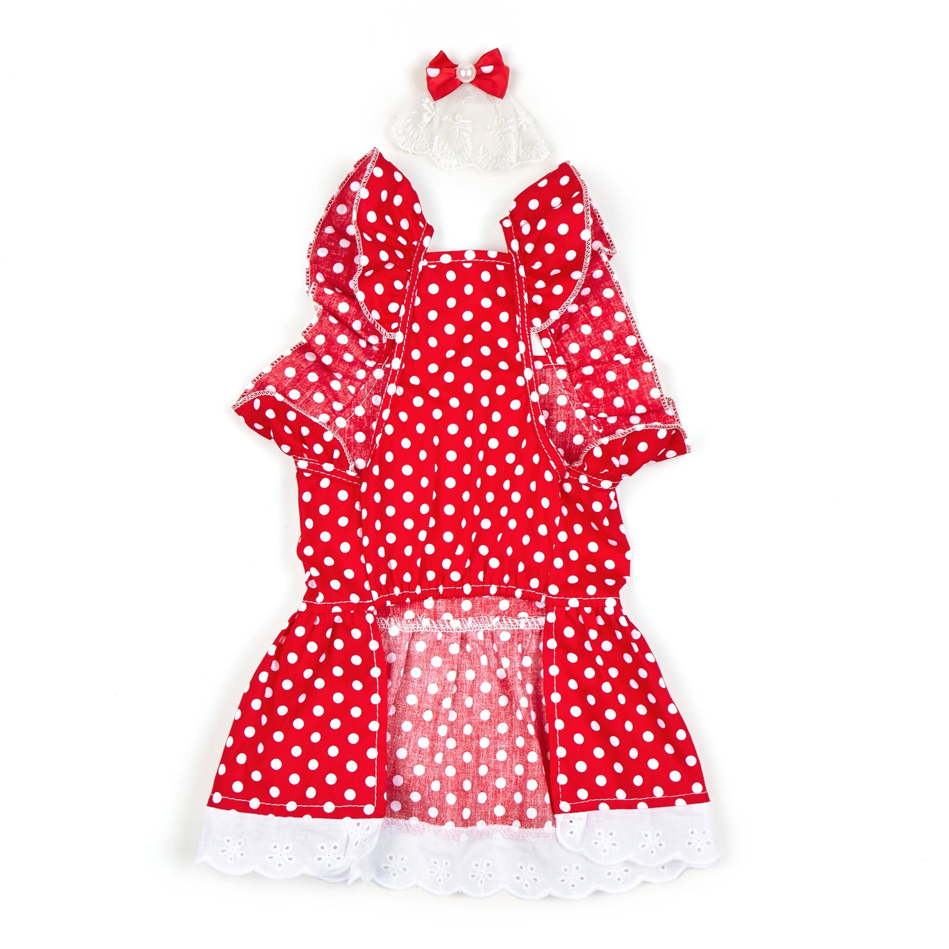 KFX-5605949 Polka Dot Dress for Dogs with Matching Headband - Cute Cotton Skirt for Pets
