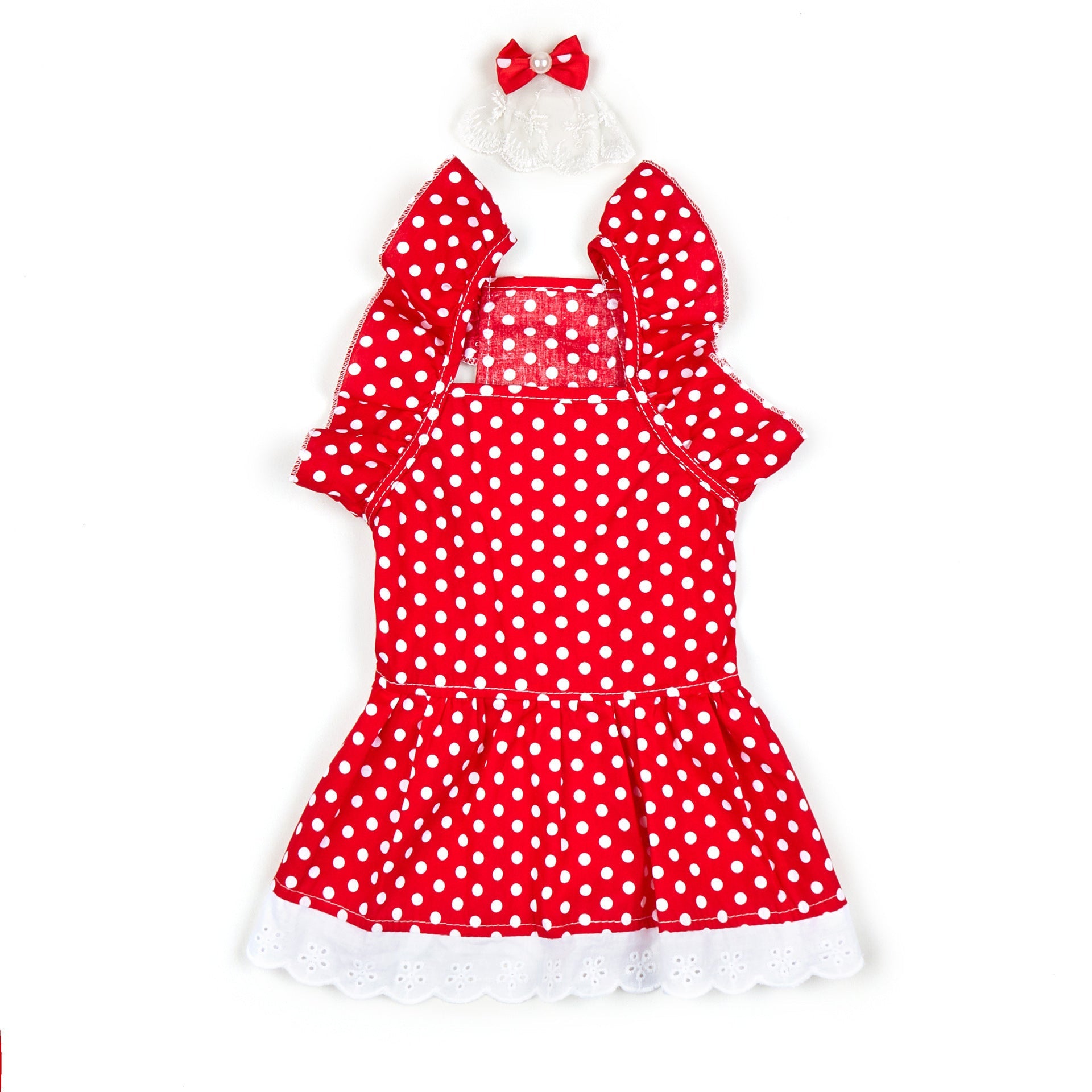 KFX-5605949 Polka Dot Dress for Dogs with Matching Headband - Cute Cotton Skirt for Pets