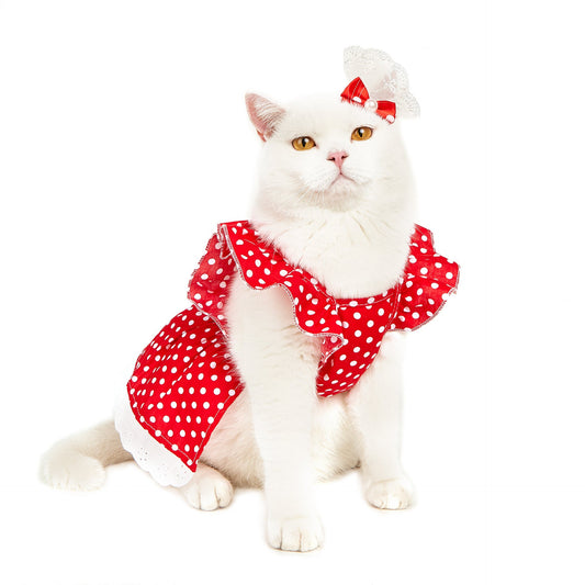 KFX-5605949 Polka Dot Dress for Dogs with Matching Headband - Cute Cotton Skirt for Pets