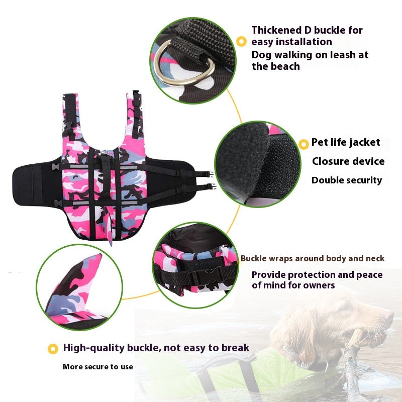 KFX-5606717 Pet Camouflage Swimming Life Jacket - Available in Blue, Green, Pink, Orange, Sizes XS to XXL