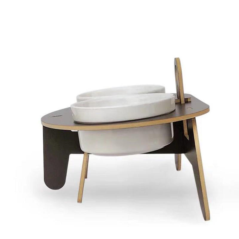 KFX-5610301 Oblique Mouth Cat Bowl Rack with Spine Protection - Environmentally Friendly Aosong Board and White Porcelain Bowl, 400ml Capacity