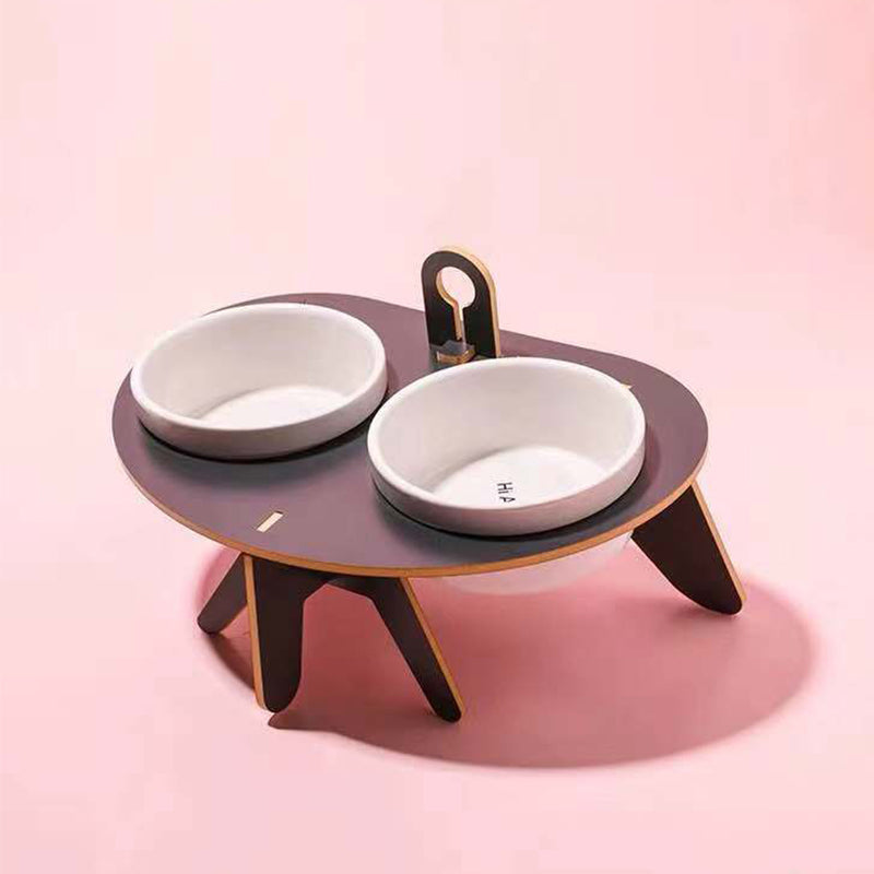 KFX-5610301 Oblique Mouth Cat Bowl Rack with Spine Protection - Environmentally Friendly Aosong Board and White Porcelain Bowl, 400ml Capacity