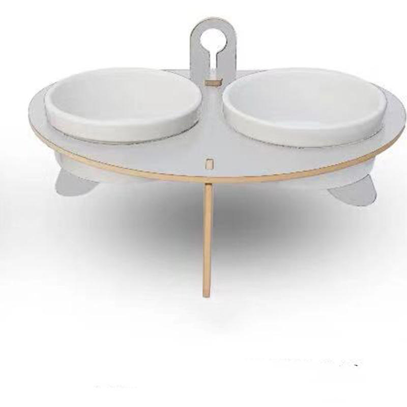 KFX-5610301 Oblique Mouth Cat Bowl Rack with Spine Protection - Environmentally Friendly Aosong Board and White Porcelain Bowl, 400ml Capacity