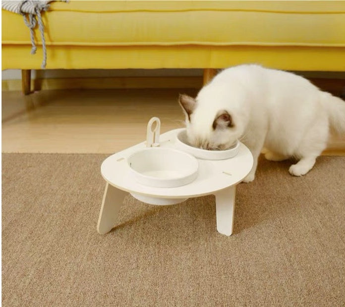 KFX-5610301 Oblique Mouth Cat Bowl Rack with Spine Protection - Environmentally Friendly Aosong Board and White Porcelain Bowl, 400ml Capacity
