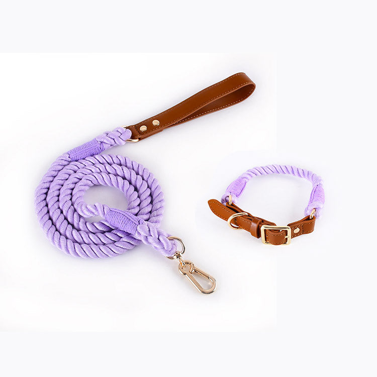 KFX-5613885 Woven Cotton Rope and Leather Dog Collar and Leash Set in Various Colors