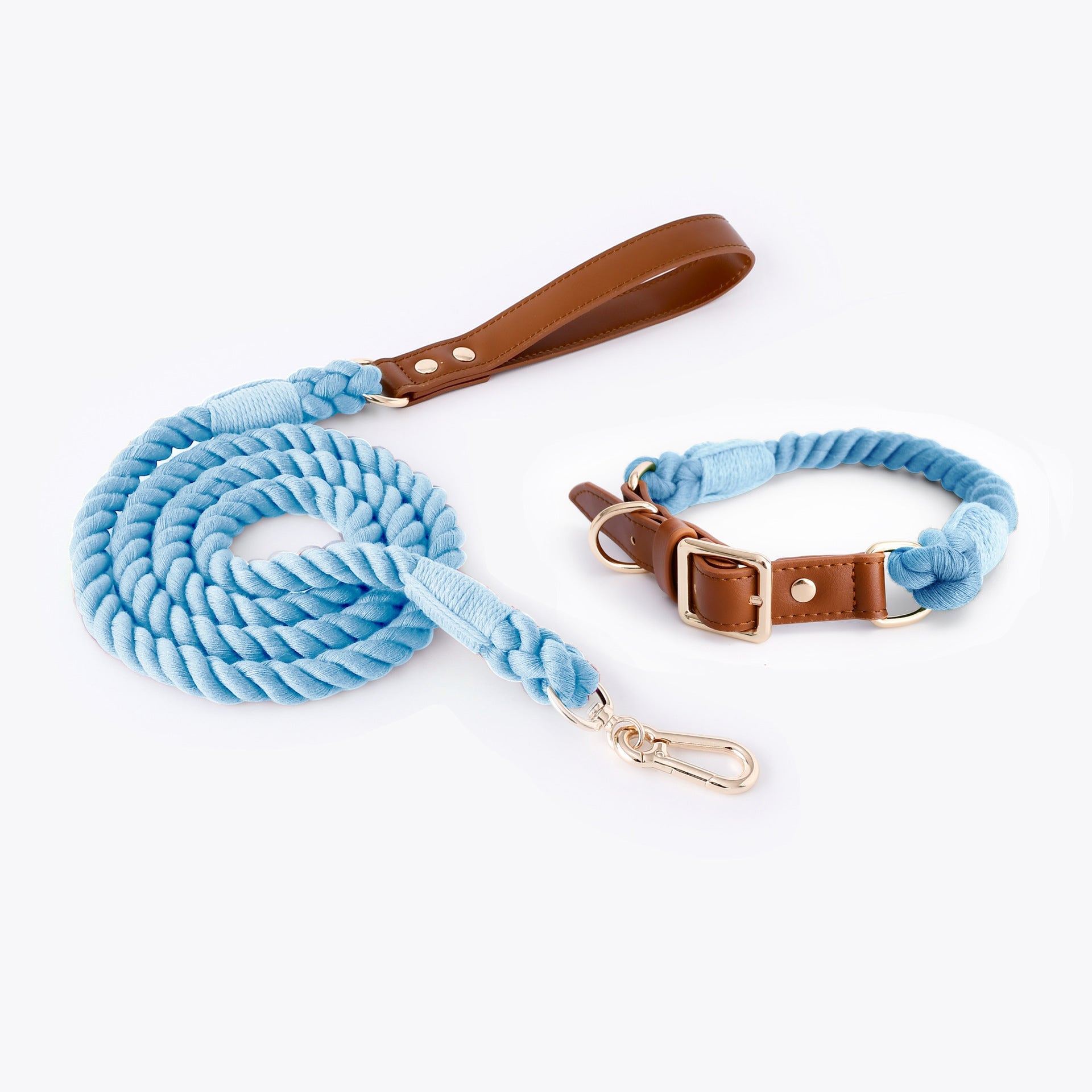 KFX-5613885 Woven Cotton Rope and Leather Dog Collar and Leash Set in Various Colors