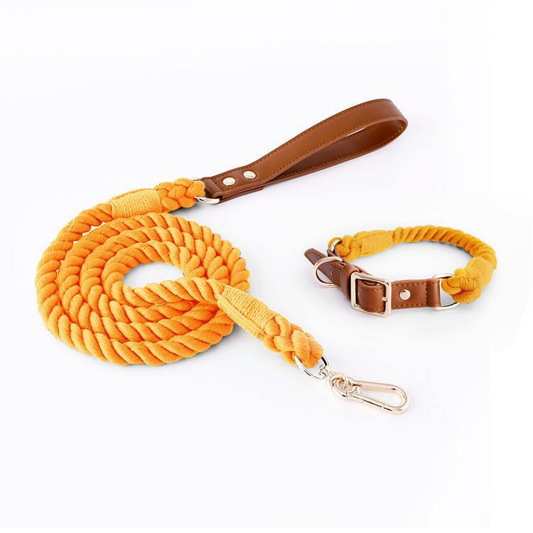 KFX-5613885 Woven Cotton Rope and Leather Dog Collar and Leash Set in Various Colors
