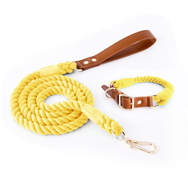 KFX-5613885 Woven Cotton Rope and Leather Dog Collar and Leash Set in Various Colors