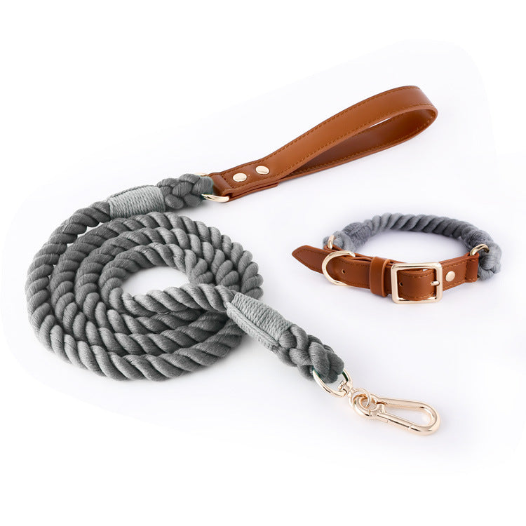 KFX-5613885 Woven Cotton Rope and Leather Dog Collar and Leash Set in Various Colors
