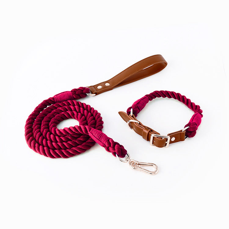 KFX-5613885 Woven Cotton Rope and Leather Dog Collar and Leash Set in Various Colors