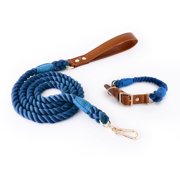 KFX-5613885 Woven Cotton Rope and Leather Dog Collar and Leash Set in Various Colors