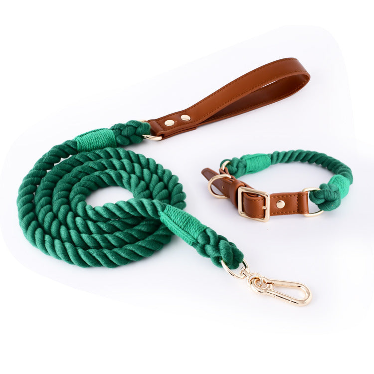 KFX-5613885 Woven Cotton Rope and Leather Dog Collar and Leash Set in Various Colors