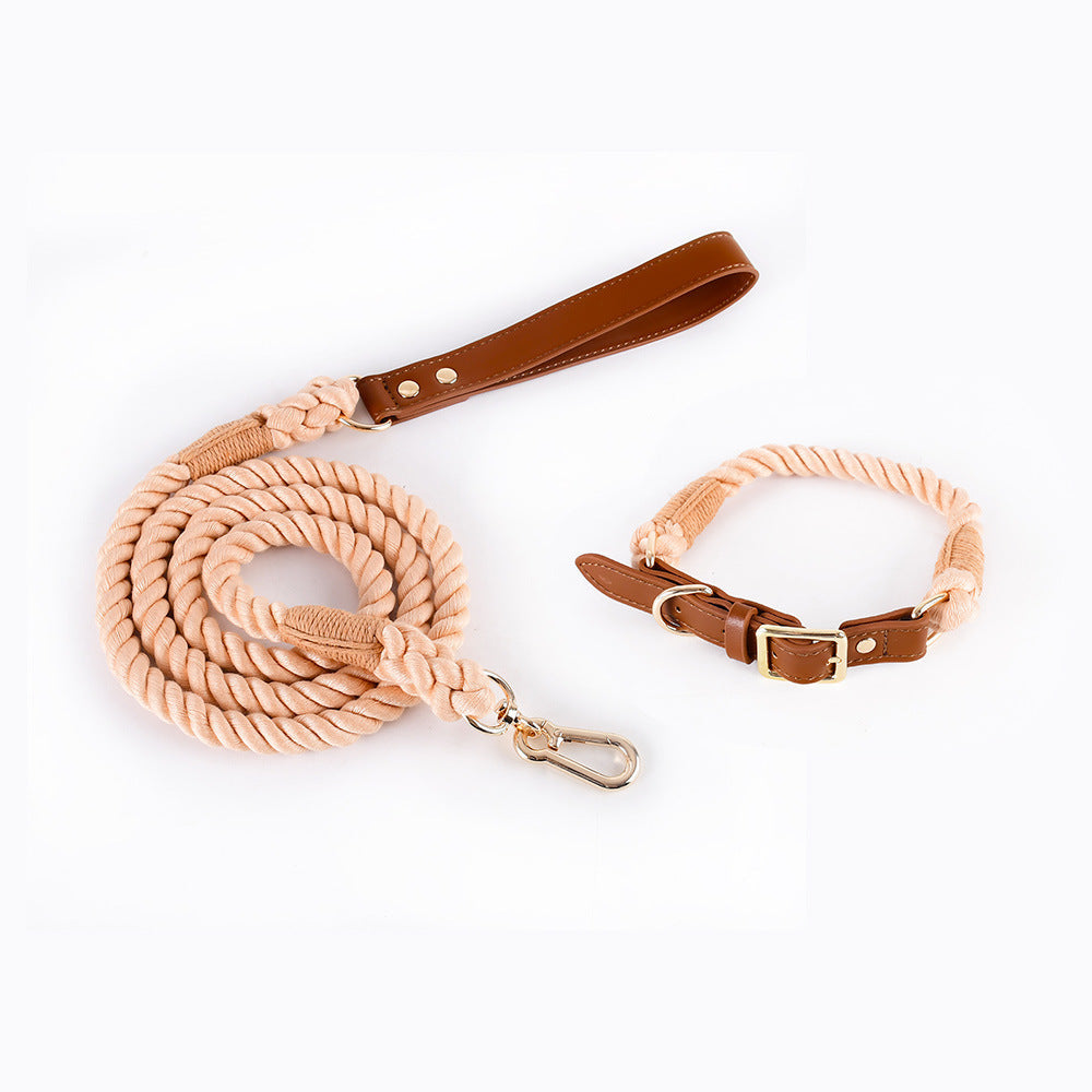 KFX-5613885 Woven Cotton Rope and Leather Dog Collar and Leash Set in Various Colors