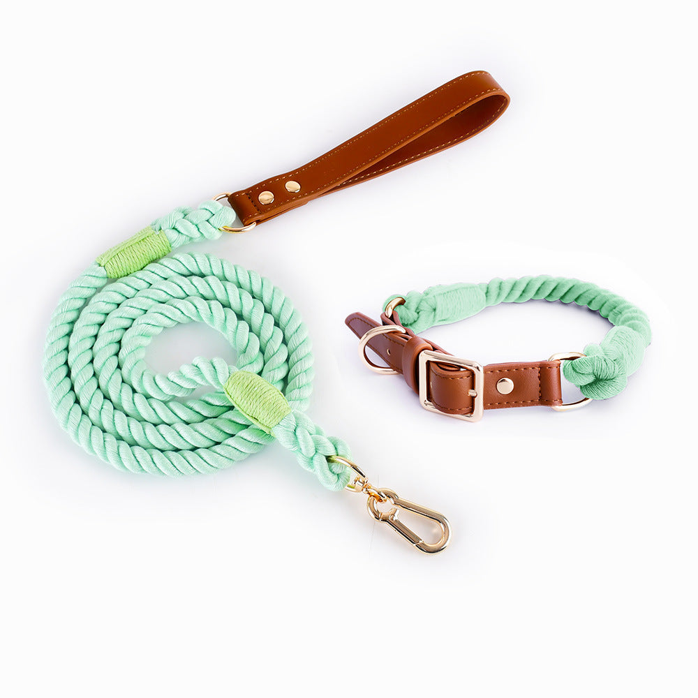 KFX-5613885 Woven Cotton Rope and Leather Dog Collar and Leash Set in Various Colors