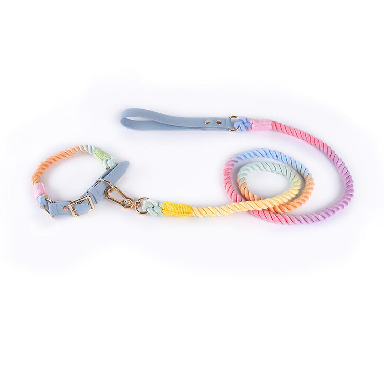 KFX-5613885 Woven Cotton Rope and Leather Dog Collar and Leash Set in Various Colors
