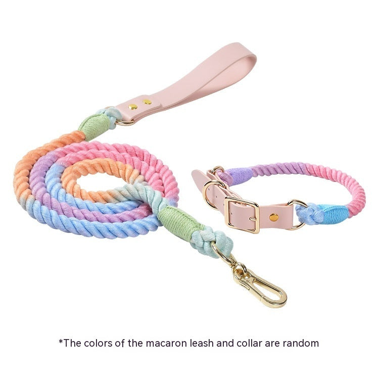 KFX-5613885 Woven Cotton Rope and Leather Dog Collar and Leash Set in Various Colors