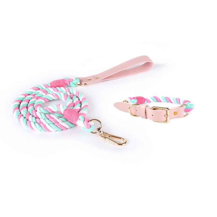 KFX-5613885 Woven Cotton Rope and Leather Dog Collar and Leash Set in Various Colors