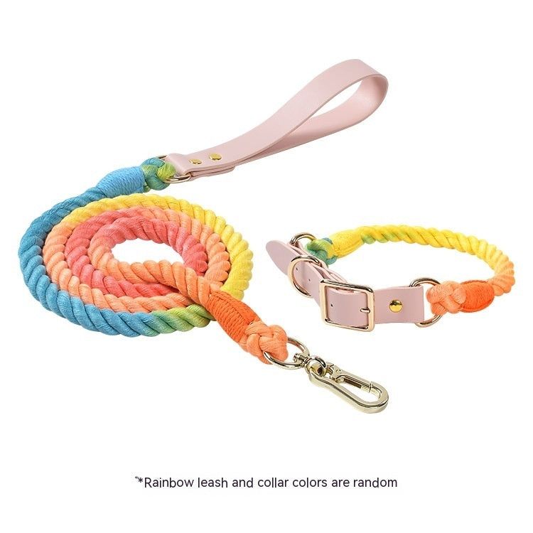 KFX-5613885 Woven Cotton Rope and Leather Dog Collar and Leash Set in Various Colors