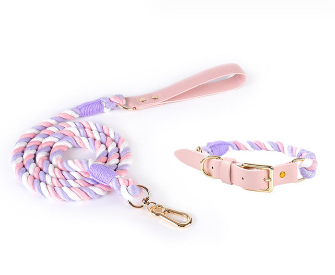 KFX-5613885 Woven Cotton Rope and Leather Dog Collar and Leash Set in Various Colors