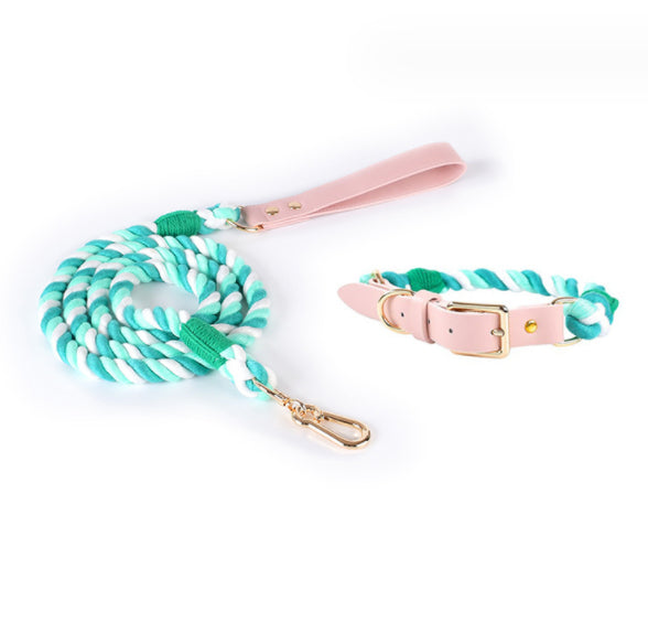 KFX-5613885 Woven Cotton Rope and Leather Dog Collar and Leash Set in Various Colors