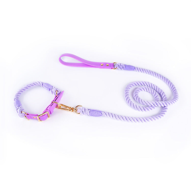 KFX-5613885 Woven Cotton Rope and Leather Dog Collar and Leash Set in Various Colors