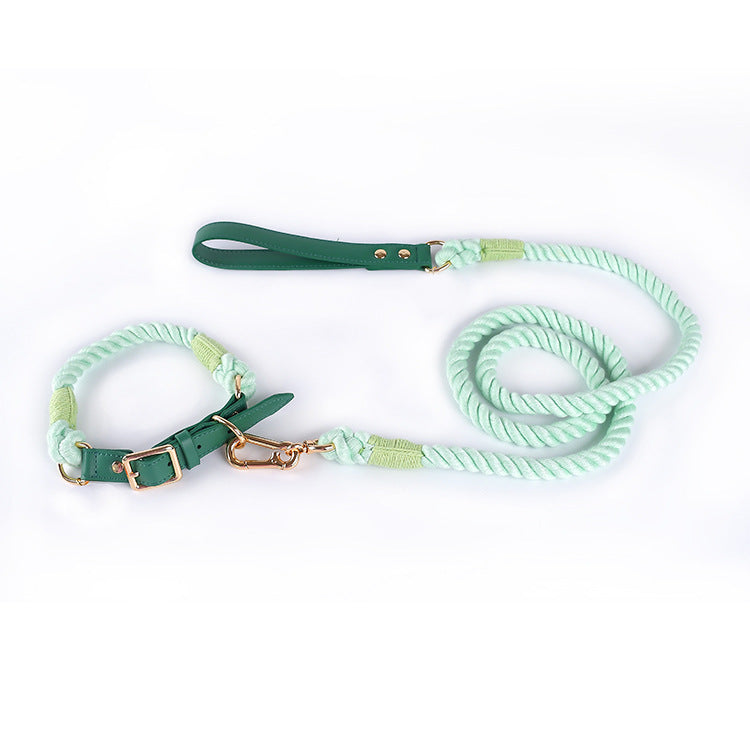 KFX-5613885 Woven Cotton Rope and Leather Dog Collar and Leash Set in Various Colors