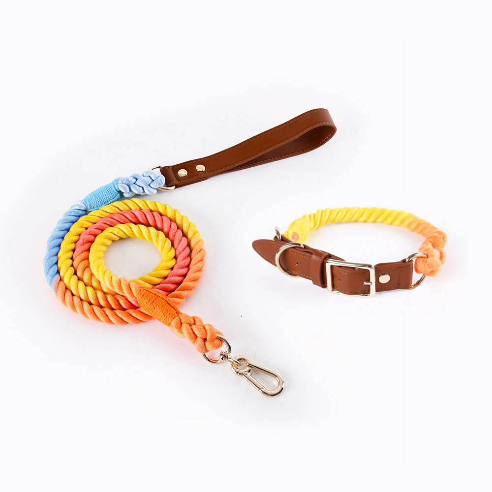 KFX-5613885 Woven Cotton Rope and Leather Dog Collar and Leash Set in Various Colors