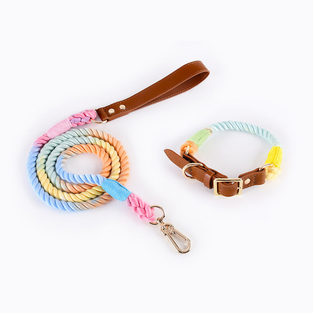KFX-5613885 Woven Cotton Rope and Leather Dog Collar and Leash Set in Various Colors