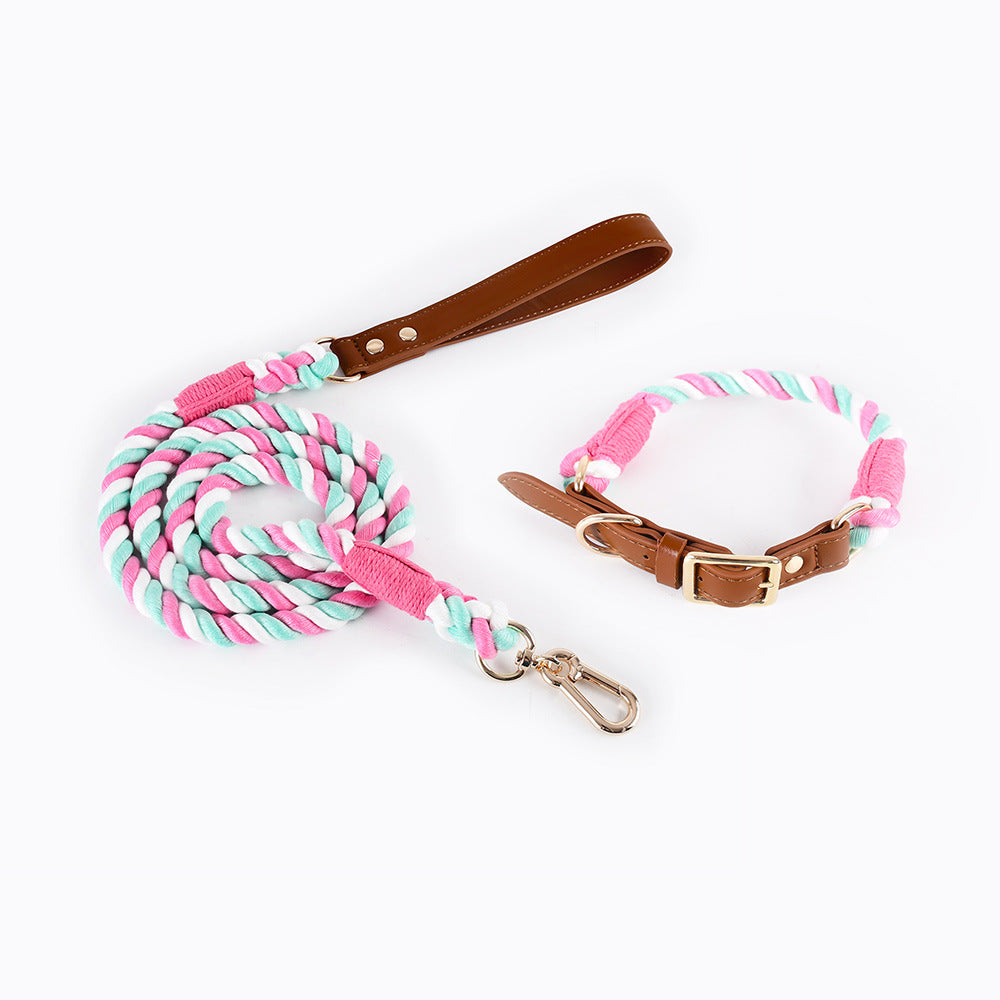 KFX-5613885 Woven Cotton Rope and Leather Dog Collar and Leash Set in Various Colors
