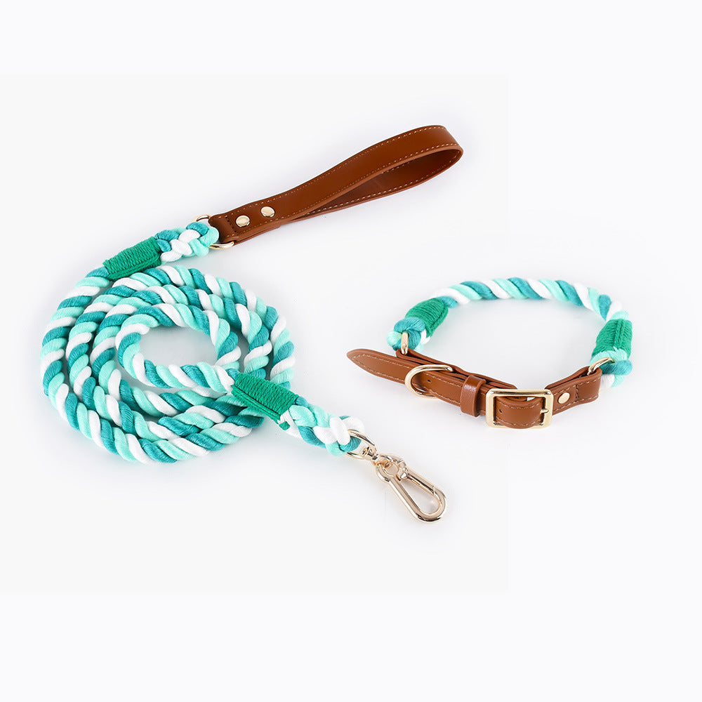KFX-5613885 Woven Cotton Rope and Leather Dog Collar and Leash Set in Various Colors
