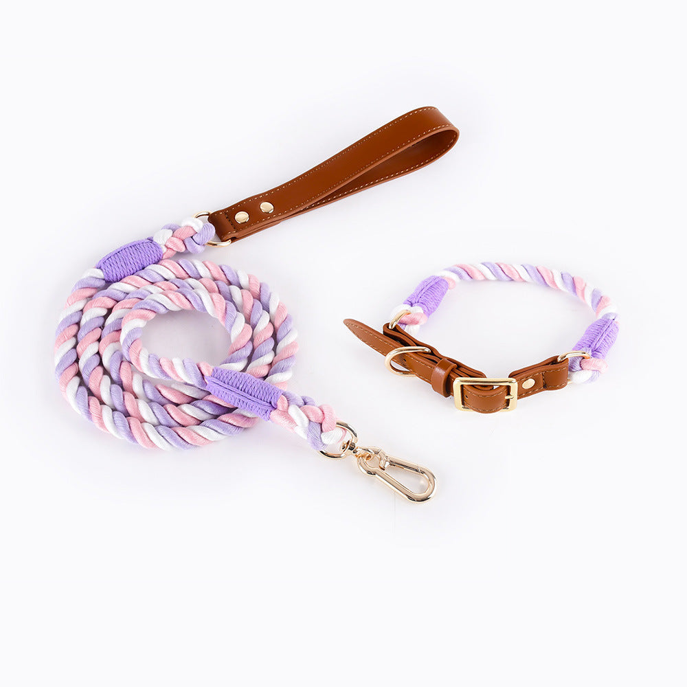 KFX-5613885 Woven Cotton Rope and Leather Dog Collar and Leash Set in Various Colors