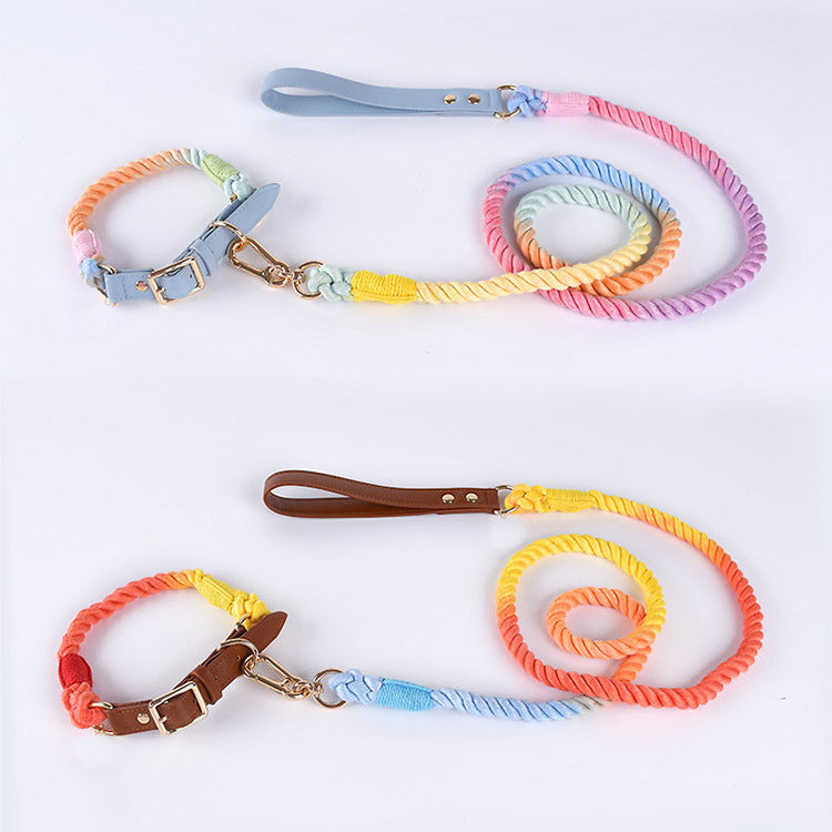 KFX-5613885 Woven Cotton Rope and Leather Dog Collar and Leash Set in Various Colors
