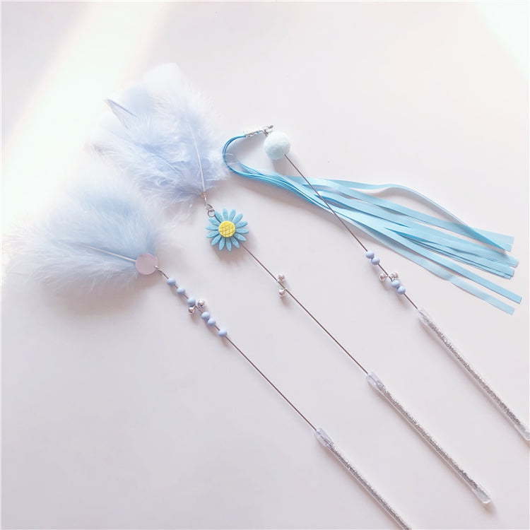 KFX-5614909 Feather Cat Teaser Wand Toy with Long Tassels and Bells - Set of 3
