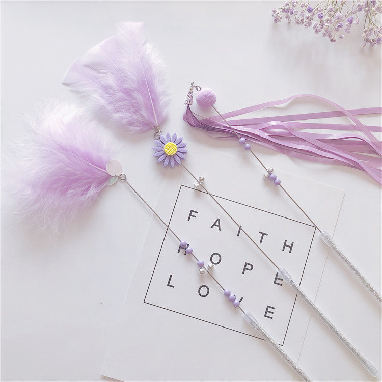 KFX-5614909 Feather Cat Teaser Wand Toy with Long Tassels and Bells - Set of 3