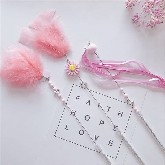 KFX-5614909 Feather Cat Teaser Wand Toy with Long Tassels and Bells - Set of 3