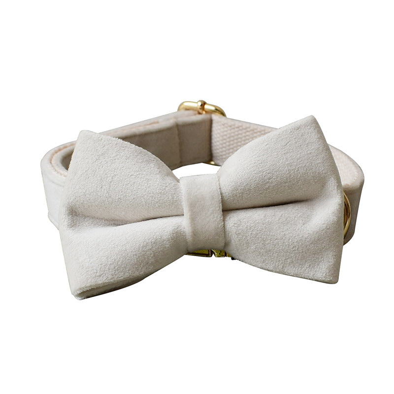 KFX-5615933 Milky White Velvet Dog Collar with Alloy Buckle and Bow Tie - All-Season Pet Accessory