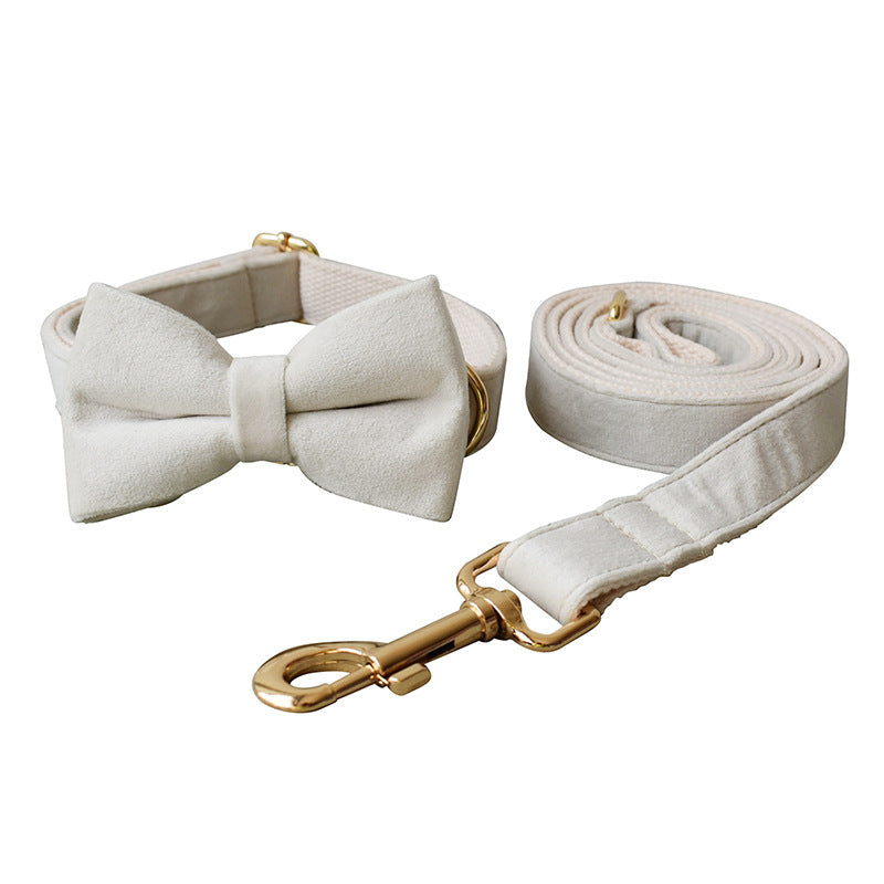 KFX-5615933 Milky White Velvet Dog Collar with Alloy Buckle and Bow Tie - All-Season Pet Accessory