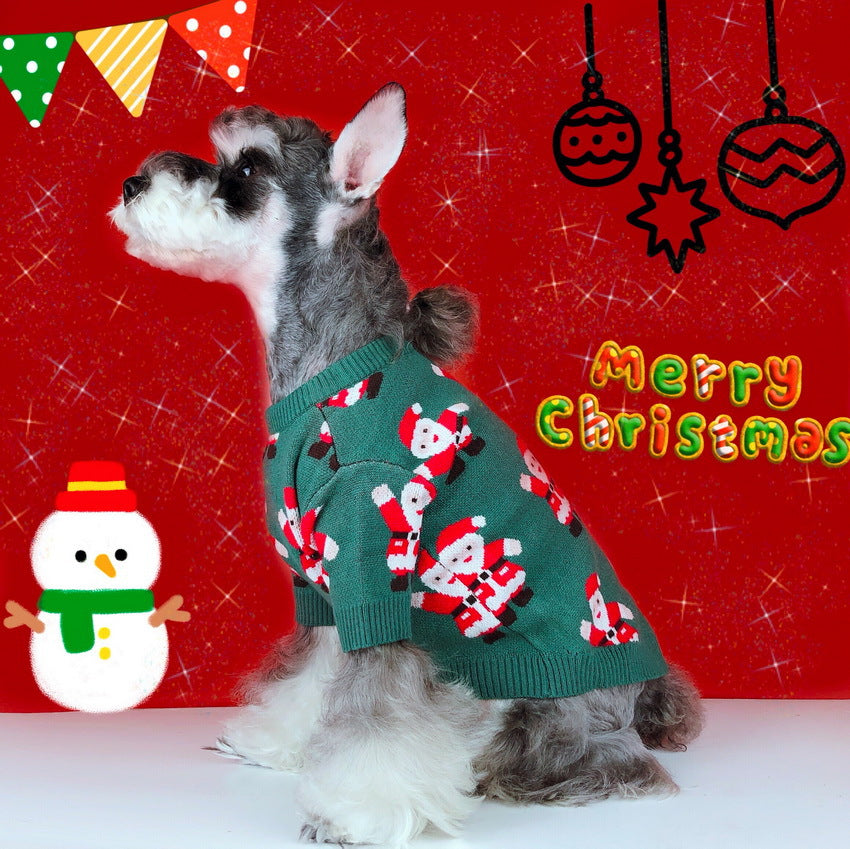 KFX-5617853 Schnauzer Teddy Winter Christmas Sweater in Green with Santa Claus Pattern