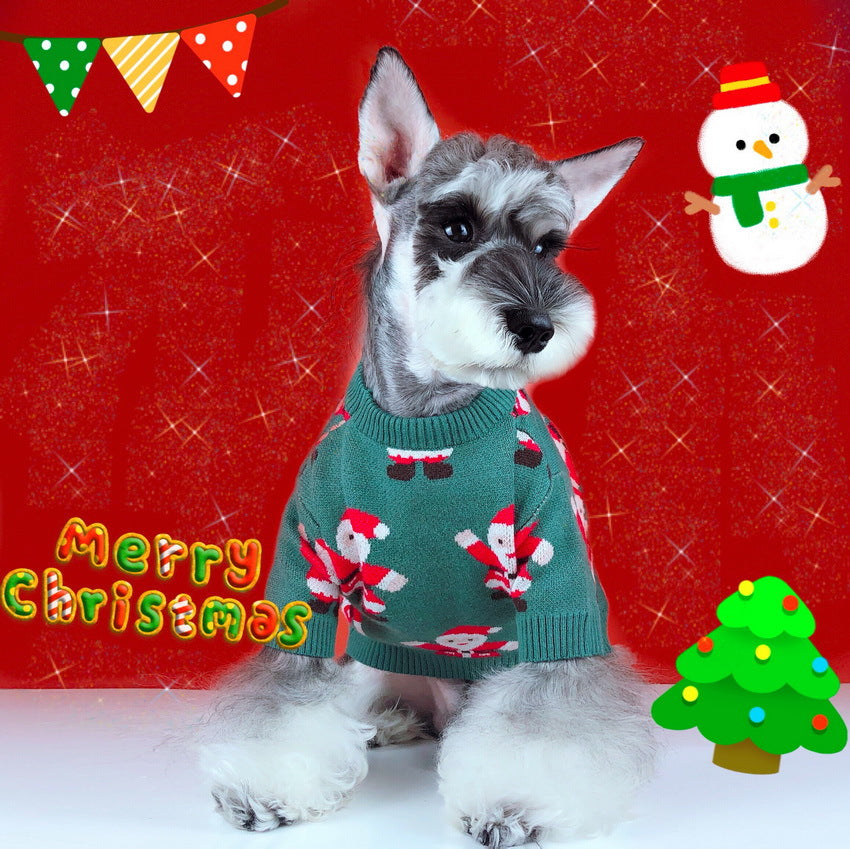 KFX-5617853 Schnauzer Teddy Winter Christmas Sweater in Green with Santa Claus Pattern